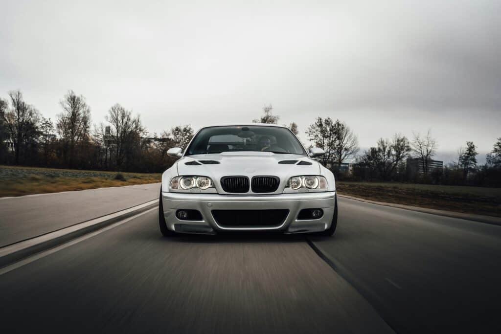 A silver BMW E46 M3 pictured from the front.
