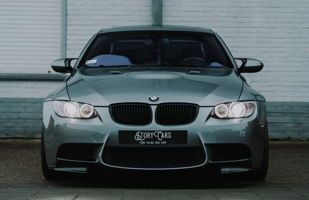 Front-end view of a gray BMW E92 M3.