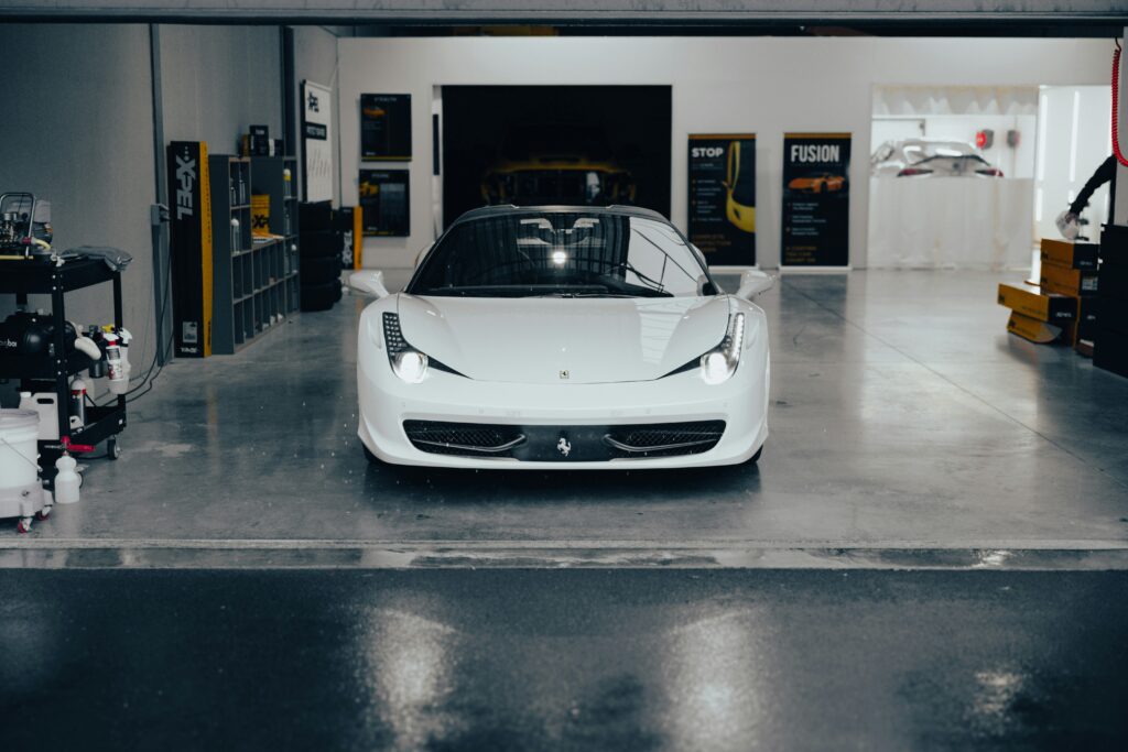 A front-end shot of a white Ferrari 458 Italia