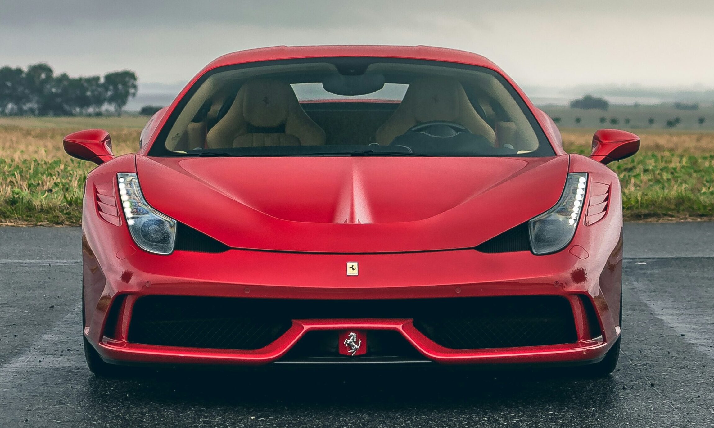 Front-end view of a red Ferrari 458 Speciale