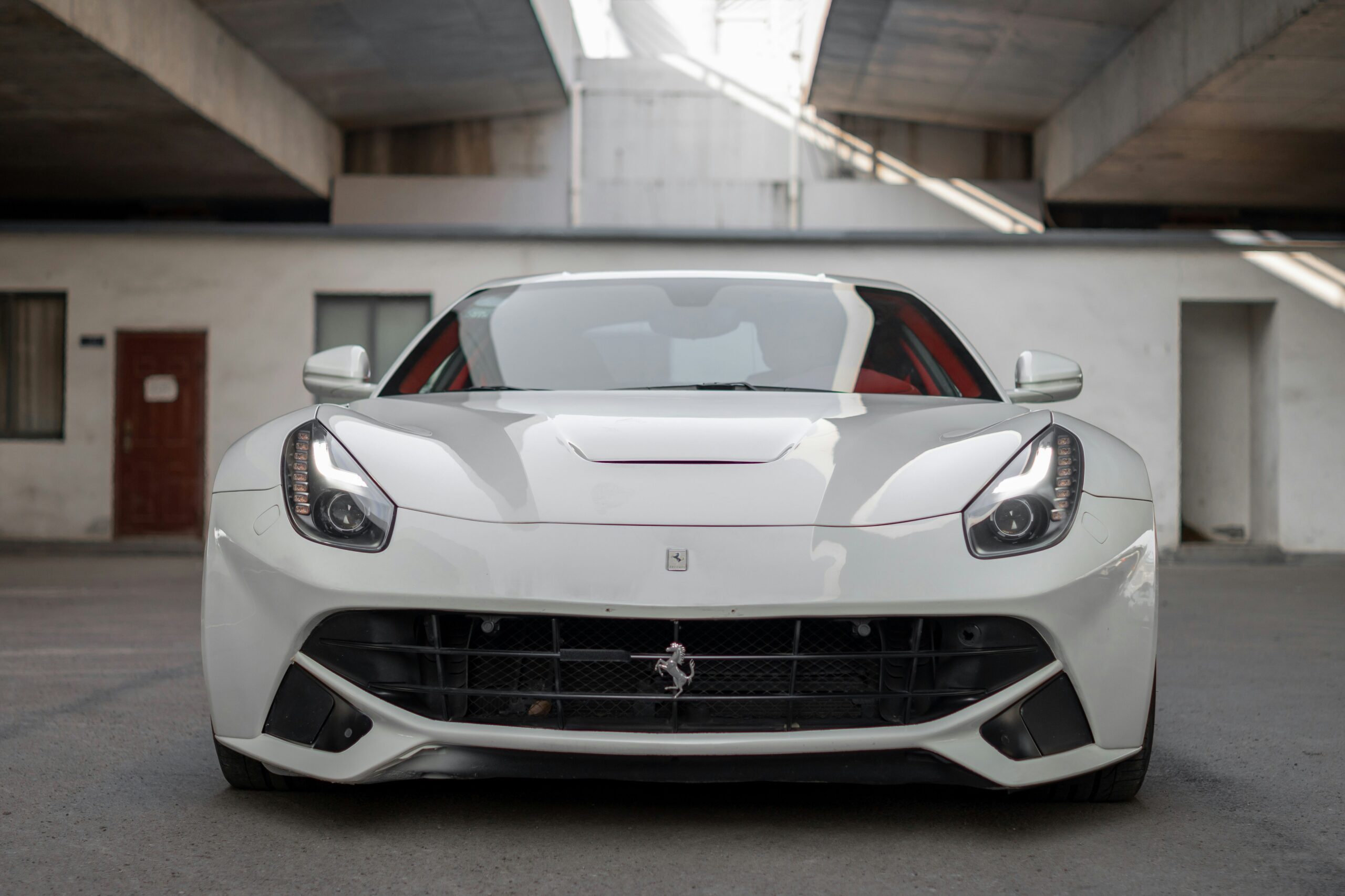 Front-end shot of a white Ferrari F12