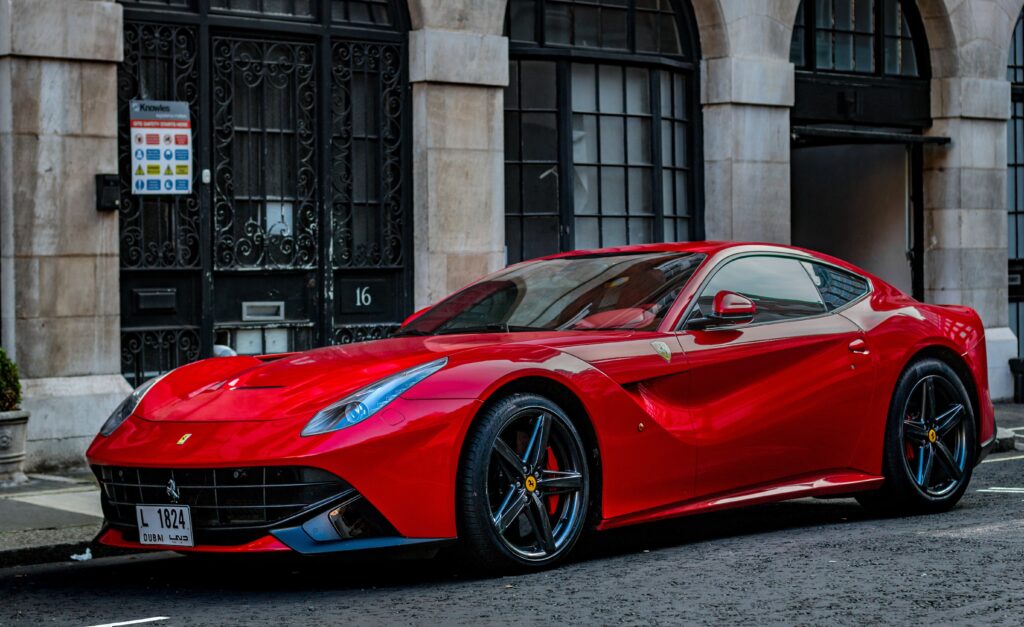 A front-end shot of a red Ferrari F12